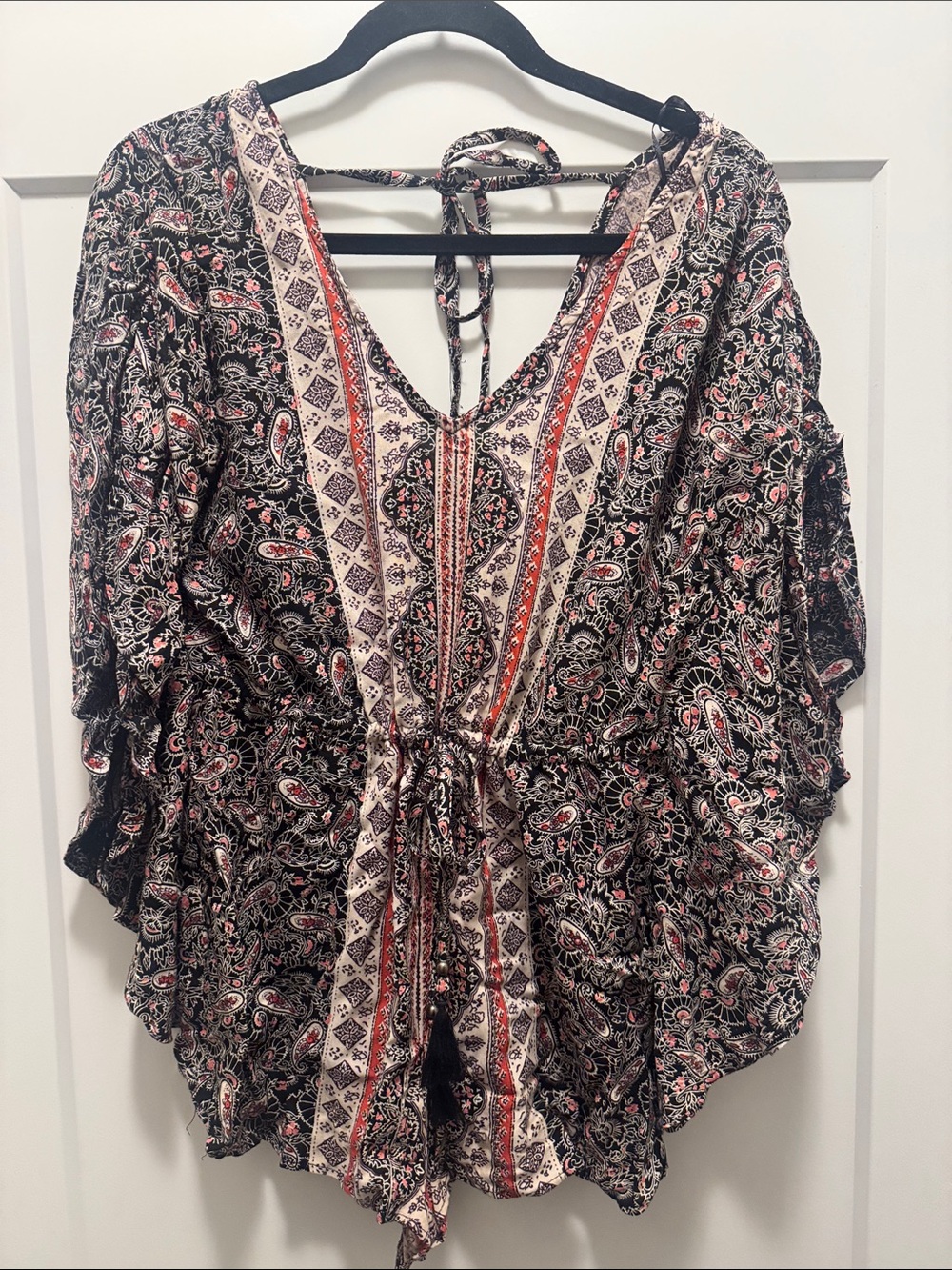 Angie Black Paisley Small V-Neck Romper with Cream & Red Trim and Cinched Waist